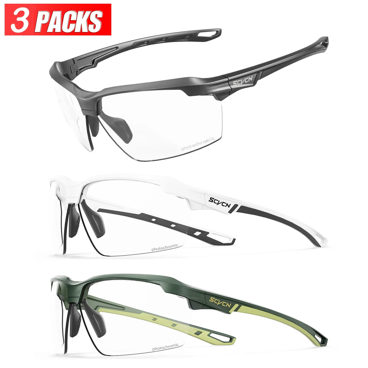 3PACKS SCVCN Photochromic Cycling Sunglasses Glasses Bike MTB Bicycle Hiking Golf UV400 Sports Glasses for Men Women Baseball