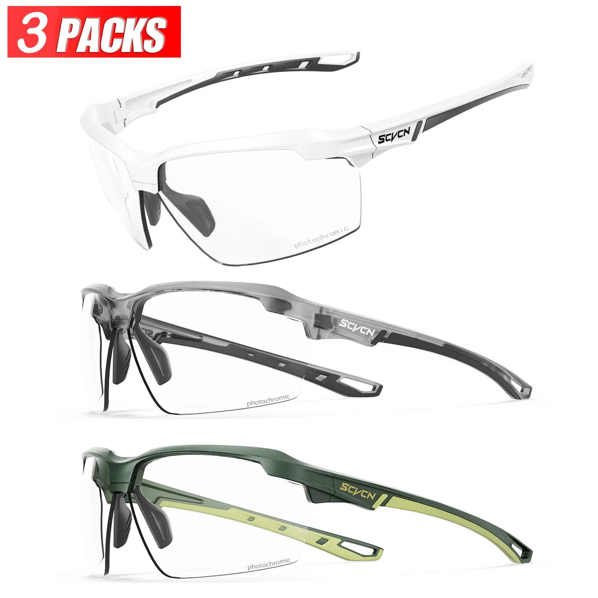 3PACKS SCVCN Photochromic Cycling Sunglasses Glasses Bike MTB Bicycle Hiking Golf UV400 Sports Glasses for Men Women Baseball