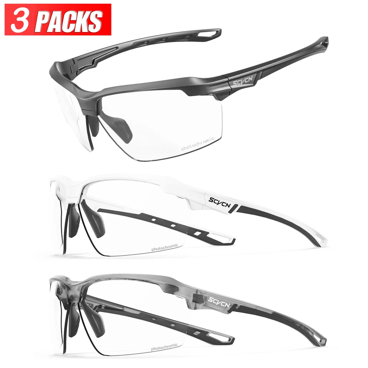 3PACKS SCVCN Photochromic Cycling Sunglasses Glasses Bike MTB Bicycle Hiking Golf UV400 Sports Glasses for Men Women Baseball
