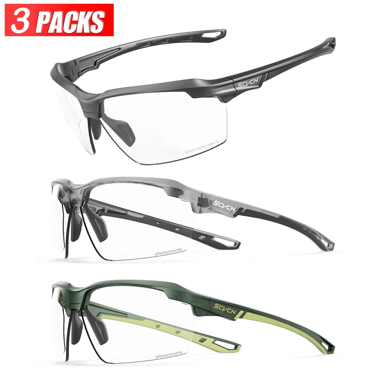 3PACKS SCVCN Photochromic Cycling Sunglasses Glasses Bike MTB Bicycle Hiking Golf UV400 Sports Glasses for Men Women Baseball